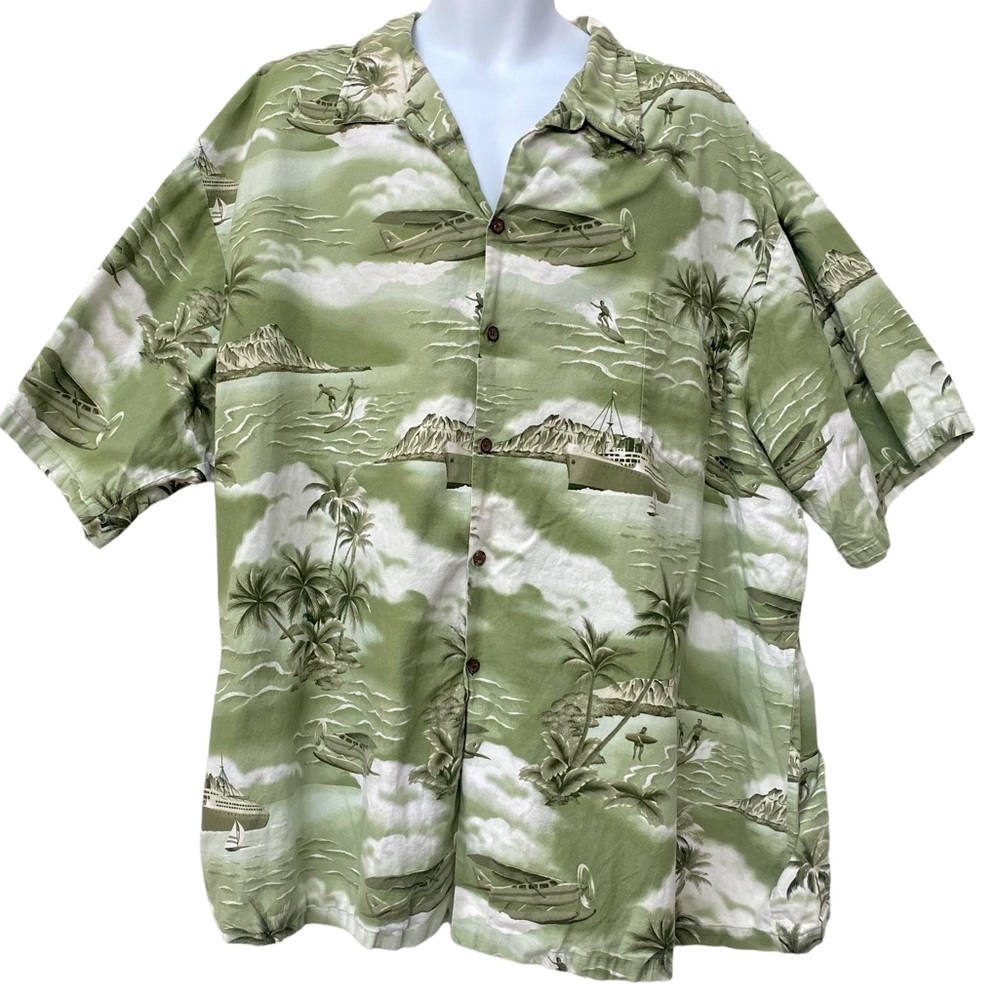 RJC Green Print Hawaiian Shirt Boats Palm Trees Surfers - Mens 4X